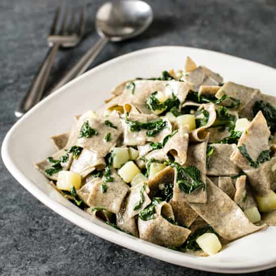 Buckwheat Pasta with Swiss Chard, Potatoes, and Taleggio