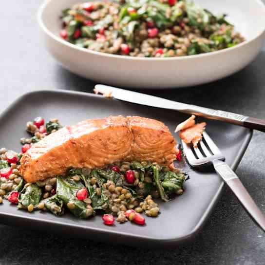 Pomegranate Roasted Salmon with Lentils and Chard