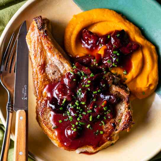 Pork Chops with Bourbon-Cherry Sauce and Sweet Potatoes