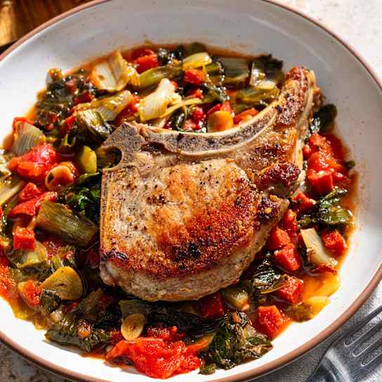 Pork Chops with Spicy Tomato-Braised Escarole
