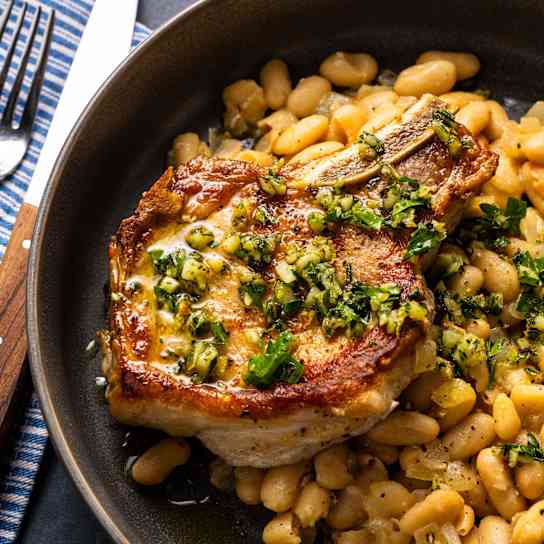 Pork Chops and White Beans with Rosemary Gremolata