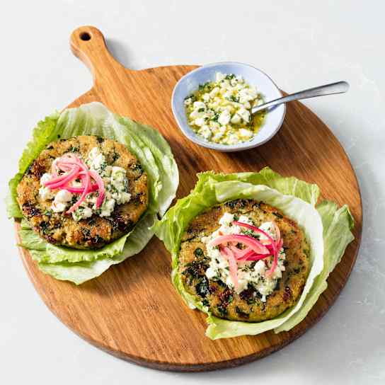 Quinoa Burgers with Spinach, Sun-Dried Tomatoes, and Marinated Feta