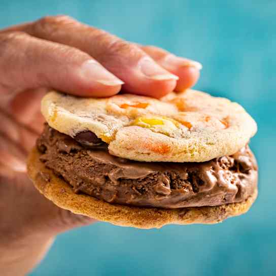 Reese's Pieces Cookie and Chocolate Ice Cream Sandwiches