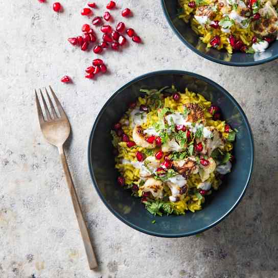 Vegan Basmati Rice Bowl with Spiced Cauliflower and Pomegranates