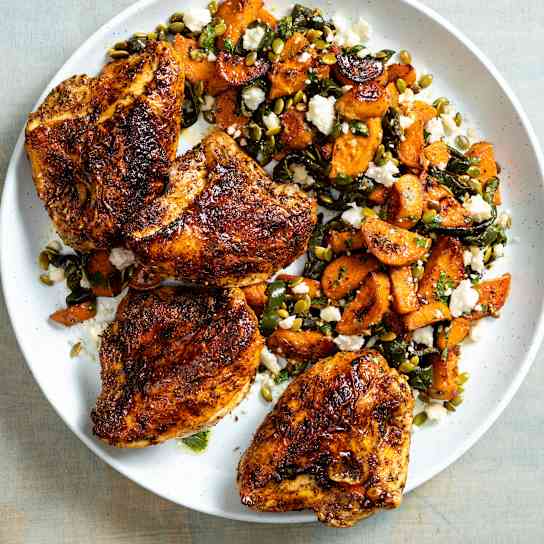 One-Pan Roasted Chicken Breasts with Sweet Potato-Poblano Salad