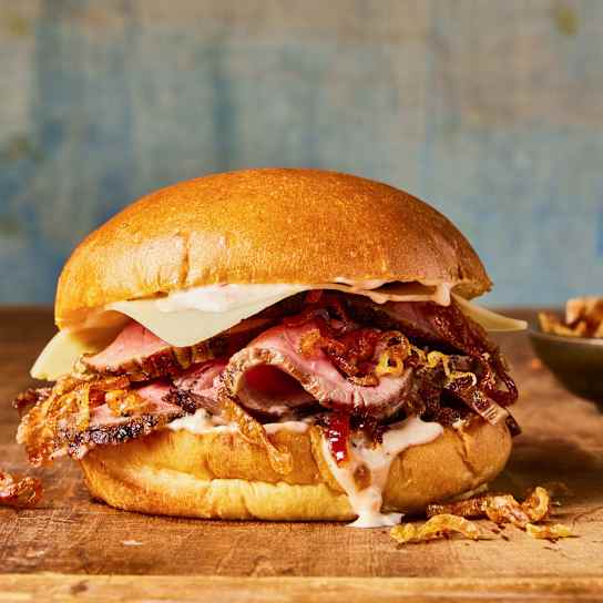 Roast Beef Sandwiches with Thousand Island Dressing and Crispy Shallots