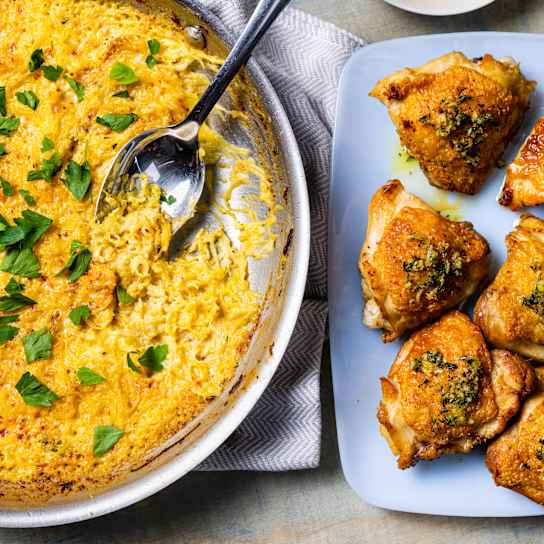 Roasted Chicken Thighs with Skillet Spaghetti Squash Gratin