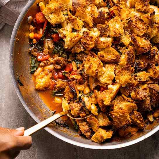Sausage, Beans, and Greens Skillet Gratin