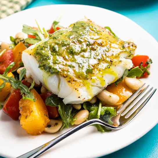 Seared Cod with White Bean, Tomato, and Arugula Salad