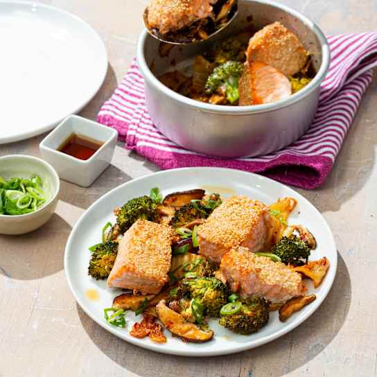 Air-Fryer Sesame Salmon with Roasted Kimchi, Broccoli, and Shiitakes