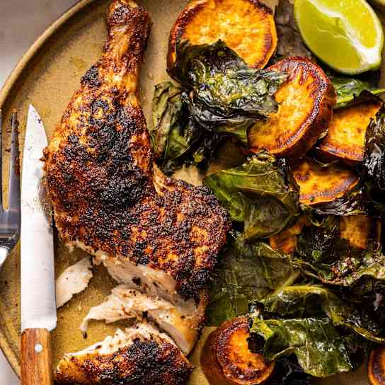 Sheet-Pan Jerk Chicken with Sweet Potatoes and Crispy Collard Greens