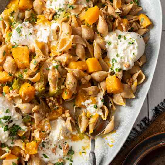 Instant Pot Shells with Butternut Squash, Leeks, and Burrata