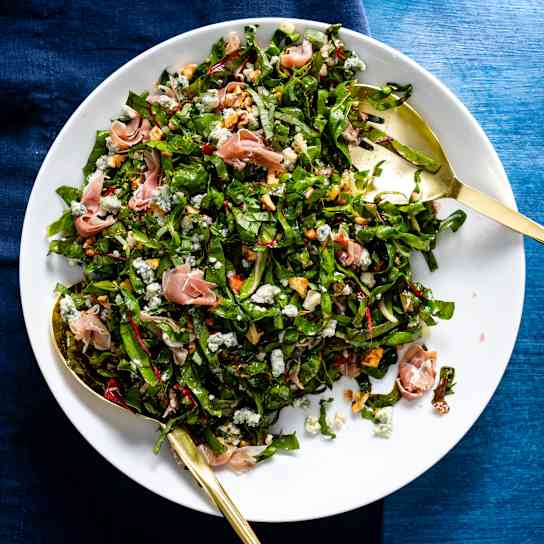Shredded Swiss Chard Salad with Prosciutto, Basil, and Blue Cheese