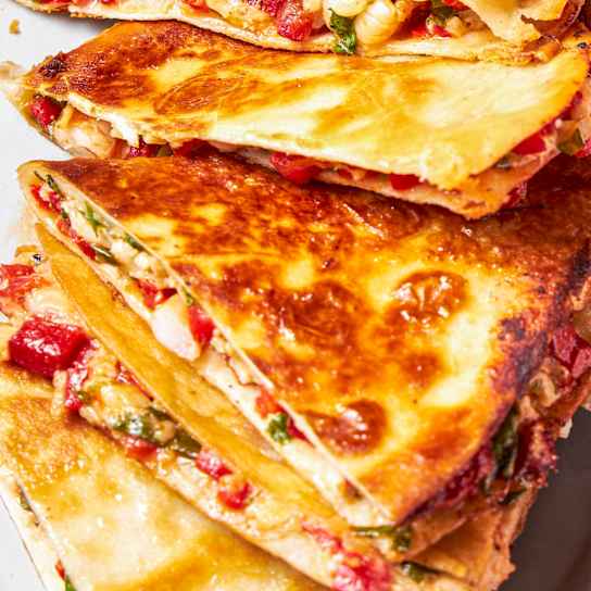 Shrimp, Roasted Red Pepper, and Cilantro Quesadillas for Two