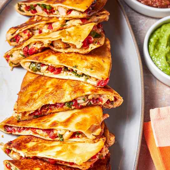 Shrimp, Roasted Red Pepper, and Cilantro Quesadillas