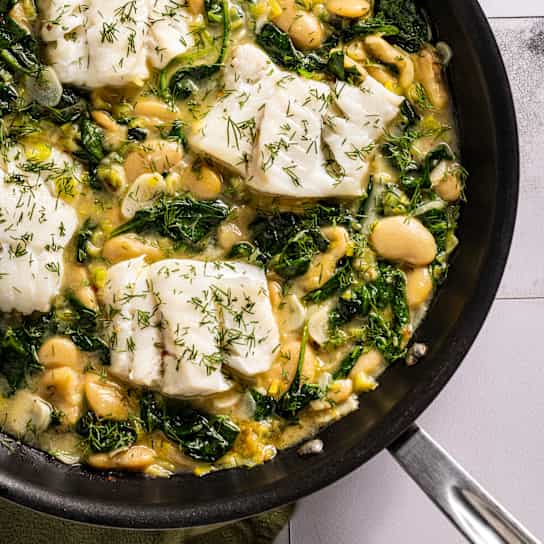 Skillet Poached Cod with Spinach and Butter Beans