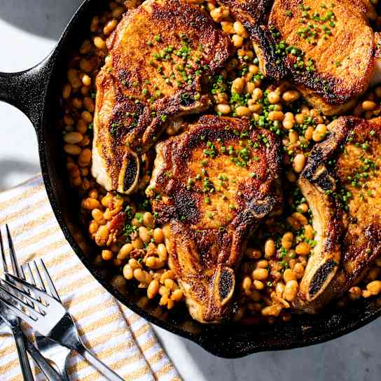 Cast Iron Pork Chops and Barbecue Beans