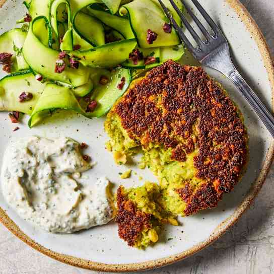 Crispy Chickpea Cakes with Zucchini Ribbon Salad and Yogurt-Tahini Sauce