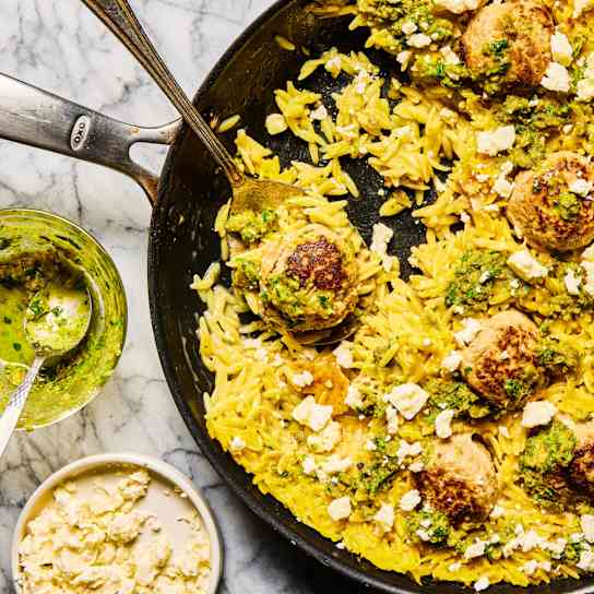 Skillet Orzo with Turkey Meatballs, Green Olives, and Feta