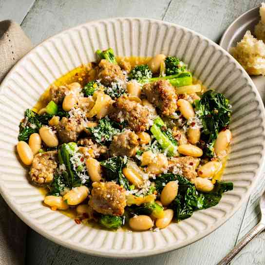 Skillet Sausage and Cannellini Beans with Broccoli Rabe