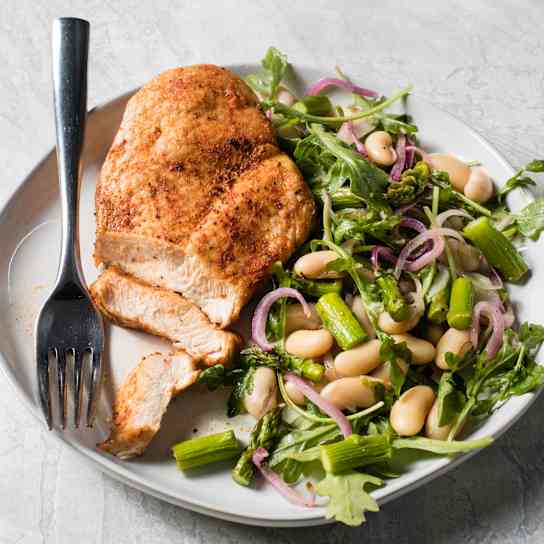 Air-Fryer Spiced Chicken Breasts with Asparagus, Arugula, and Cannelini Bean Salad