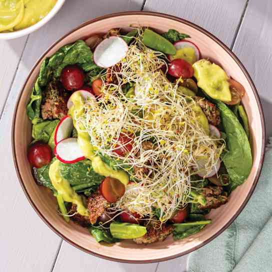 Spinach and Snap Pea Salad Bowl with Herbed Plant-Based Meat Patties