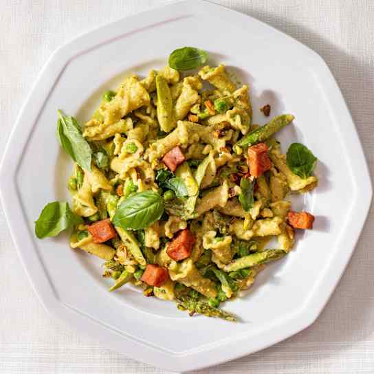 Spring Vegetable Pasta with Crispy Mortadella and Pistachio Cream