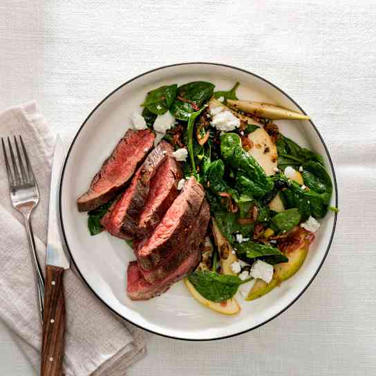Flank Steak with Wilted Spinach, Goat Cheese, and Pear Salad
