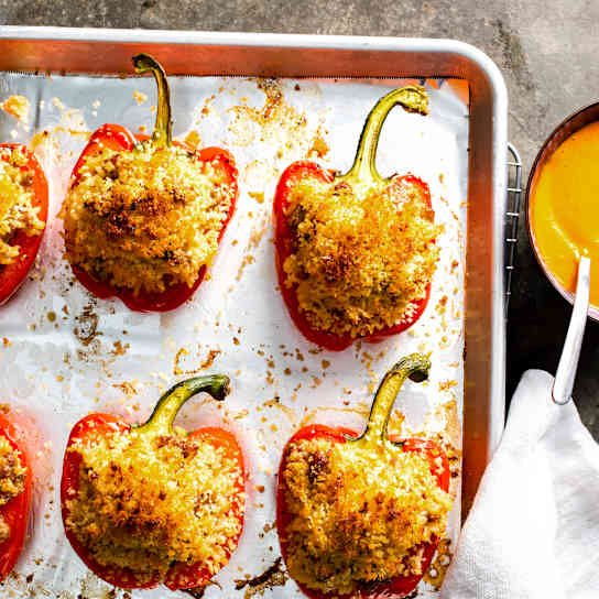 Sausage-Stuffed Peppers with Spicy Red Pepper Sauce