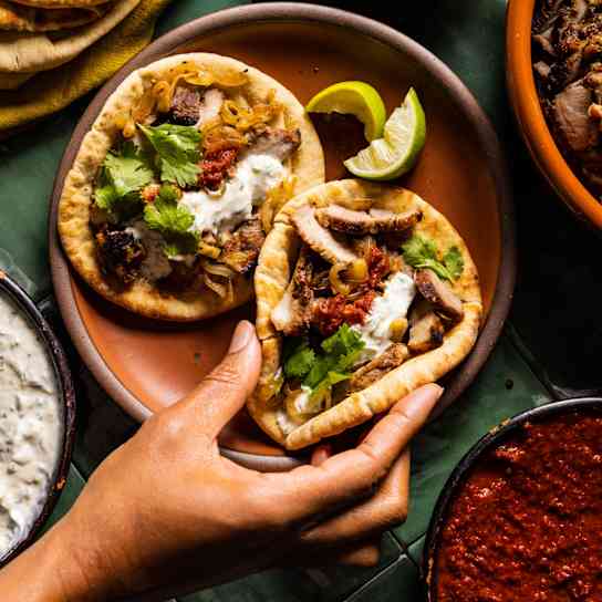 Tacos Árabes (Pueblan Pork Tacos with Chipotle and Yogurt Sauces)
