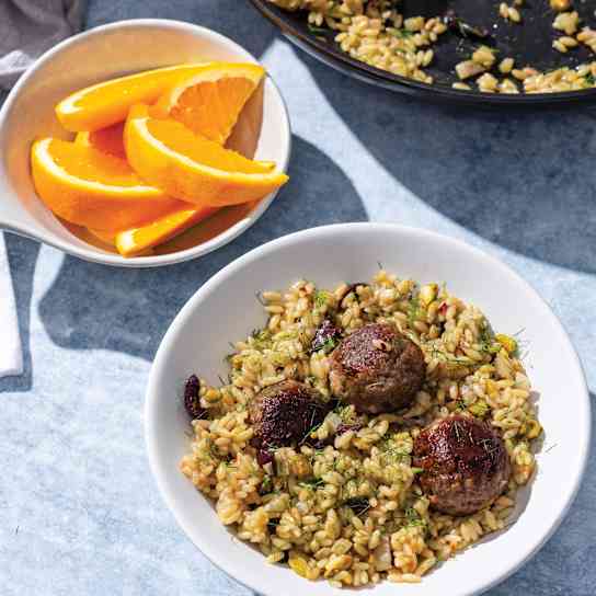 Toasted Orzo Pilaf with Plant-Based Meatballs, Fennel, and Orange