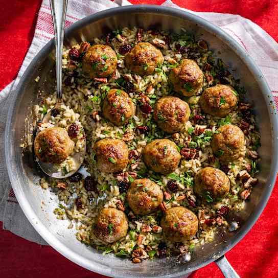 Turkey Meatballs with Skillet Brown Rice Dressing
