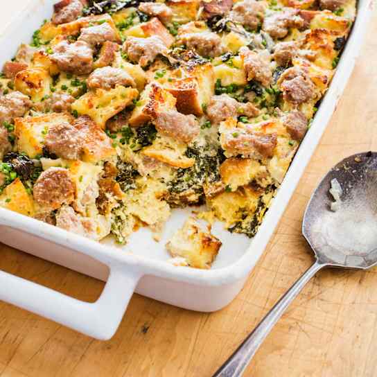 One-Pan Savory Bread Pudding with Turkey Sausage and Kale
