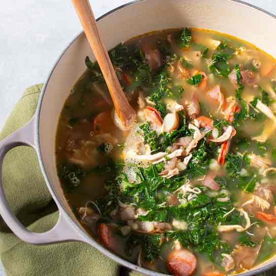 Turkey Soup with Potatoes, Linguica, and Kale