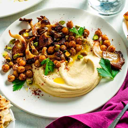 Hummus with Crispy Mushrooms and Sumac Chickpeas