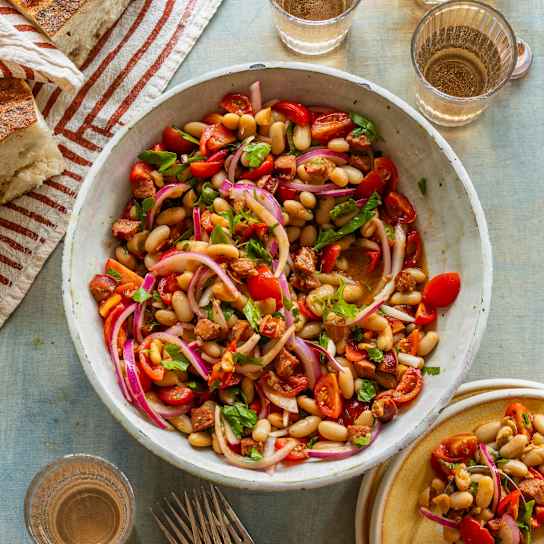 White Beans and Chorizo with Quick Marinated Tomatoes and Onion
