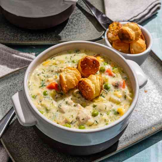 Chicken Pot Pie Soup with Salt-and-Pepper Puff Pastry Croutons