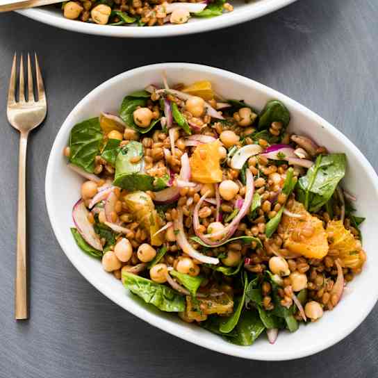 Vegan Wheat Berry Salad with Chickpeas, Spinach, and Orange