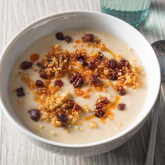 Creamy White Bean Soup with Chorizo Oil and Garlicky Bread Crumbs