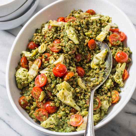 Pesto Farro Salad with Cherry Tomatoes and Artichokes