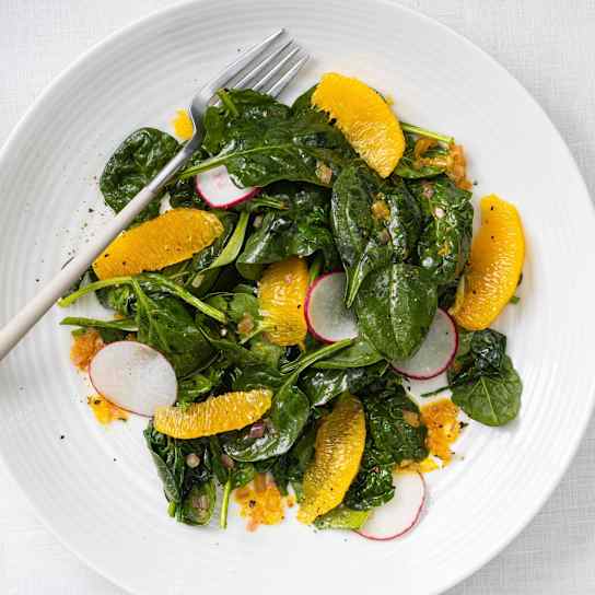 Wilted Spinach Salad with Oranges, Radishes, and Citrus Vinaigrette