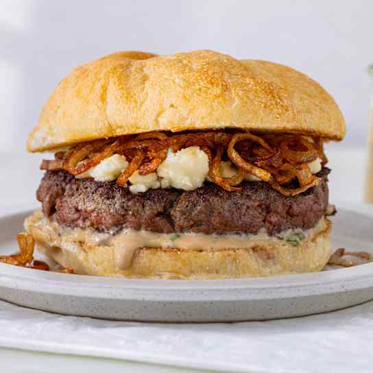 Juicy Pub-Style Burgers with Crispy Shallots and Blue Cheese