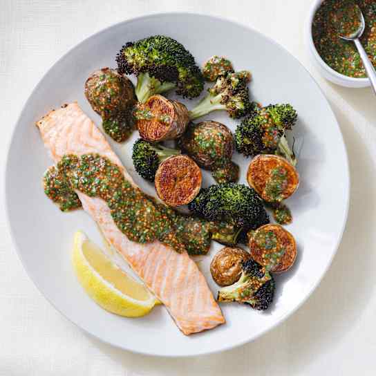 One-Pan Roasted Salmon with Broccoli and Red Potatoes