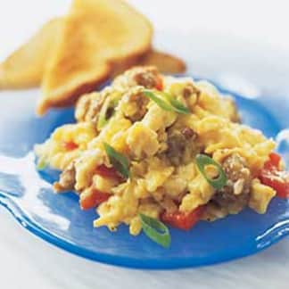 Scrambled Eggs with Sausage, Sweet Peppers, and Cheddar