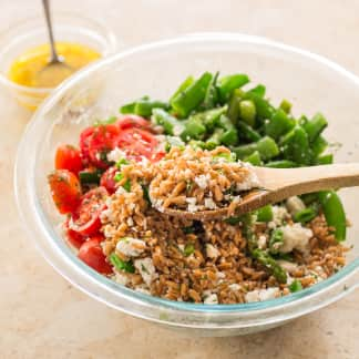 Farro Salad with Asparagus, Sugar Snap Peas, and Tomatoes