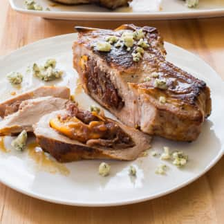 Thick-Cut Pork Chops with Red Onion Jam Stuffing with Port, Pecans, and Dried Fruit