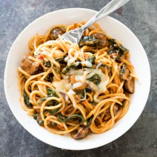Spaghetti with Mushrooms, Kale, and Fontina