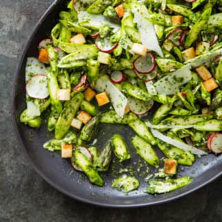 Asparagus Salad with Radishes, Pecorino Romano, and Croutons