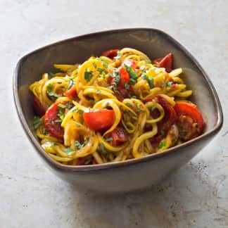 Paleo Summer Squash “Spaghetti” with Roasted Cherry Tomato Sauce