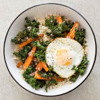 Gluten-Free Brown Rice Bowls with Roasted Carrots, Kale, and Fried Eggs